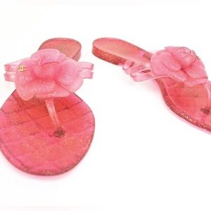 Chanel Pink Glitter Rubber Flower CC Logo Flip Flops